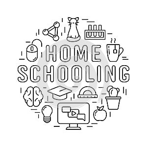 Home schooling poster. Self-study concept. Linear round print with learning icons set. Black graphic illustration of online