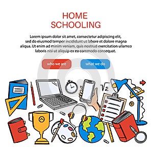 HOME SCHOOLING WEB Banner Doodle Vector Set Online Education