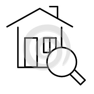 Home search thin line icon. House searching vector illustration isolated on white. Magnifying glass and house outline