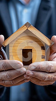 Home security Businessmans hand covers and safeguards wooden home model
