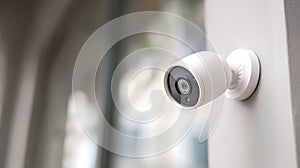 Home security camera mounted on a wall, surveillance and protection, modern technology