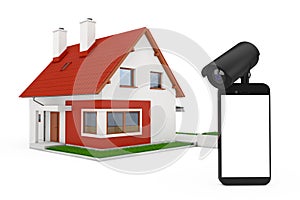 Home Security Concept. Mobile Phone with Blank Screen and Security Camera in front of Cottage House Building. 3d Rendering
