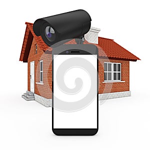 Home Security Concept. Mobile Phone with Blank Screen and Security Camera in front of House Building. 3d Rendering