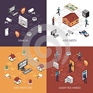 Home Security 4 Isometric Icons Square
