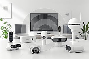 Home security team sets up high alarm, ultra-intelligent home studio, safeguarding defense, automated security system, barrier cre photo