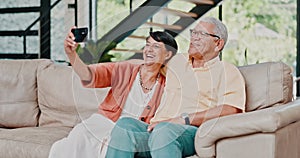 Home, selfie and old couple on a couch, love and memory with social media post and romance. Apartment, happy elderly man