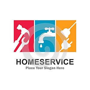 Home service with plumbing, hammer and plug logo vector template illustration