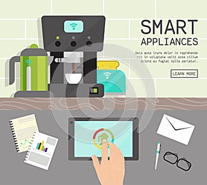 Home smart appliances remote control concept flat illustration vector. Modern technology house machine equipment