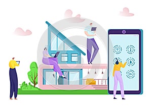 Home smartphone app, smart house technology at mobile network device concept vector illustration. Digital security and
