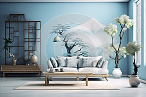 home sofa room wall interior loft design apartment blue modern furniture. Generative AI.