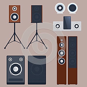 Home sound system stereo flat vector music loudspeakers player subwoofer equipment technology.