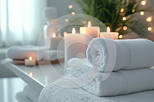 Home Spa Fluffy White Towels, Serene Calming Candles, Relaxation and Wellness, Relaxing Day at Home, generative AI