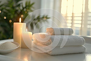 Home Spa Fluffy White Towels, Serene Calming Candles, Relaxation and Wellness, Relaxing Day at Home, generative AI