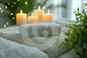 Home Spa Fluffy White Towels, Serene Calming Candles, Relaxation and Wellness, Relaxing Day at Home, generative AI