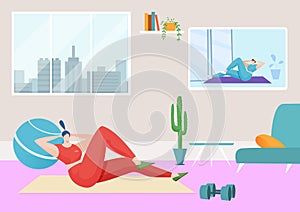 Home sport fitness, vector illustration, flat woman character training inside apartment, healthy lifestyle by workout