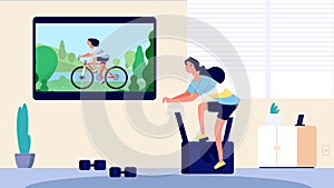 Home sport. Woman training in living room. Cycling on TV, girl on exercise bike. Online video sports lesson vector