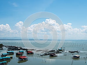 Home stay floating house in lake at Kohyo, Songkhla, Thailand with beautiful blue sky and clouds. This is traditional fisheries