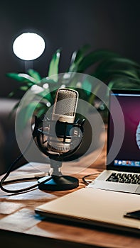 Home studio ambiance microphone and laptop ready for podcasting