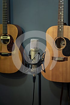 A home studio condenser microphone in front of guitars.