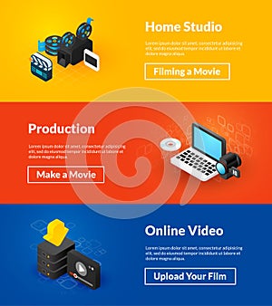 Home studio production and online video banners of isometric color design