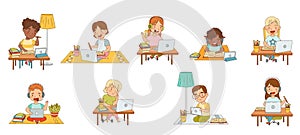 Home Study and Distance Learning with Children In Front of Laptop and Tablet PC Training and Doing Homework Vector Set