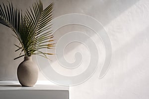 home sunlight palm interior decor tree design concrete idea vase wall shadows. Generative AI.