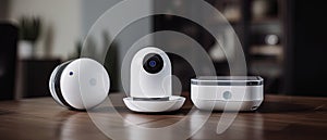 Home surveillance concept. IP cctv security camera for home on the table