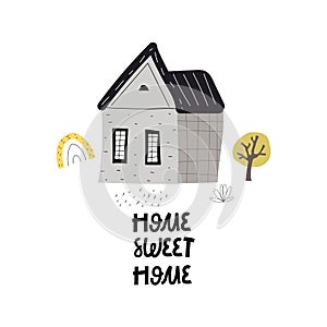 Home sweet home. cartoon house, hand drawing lettering, decor elements. colorful illustration for kids, flat style.typography font