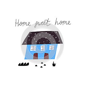 Home sweet home. cartoon house, hand drawing lettering, decor elements. colorful illustration for kids, flat style.