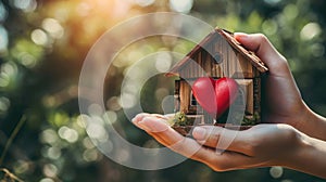 Home sweet home concept. Dream housing. Real estate. Hands holding miniature house with a red heart outdoors on a sunny summer day