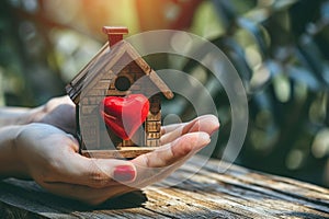 Home sweet home concept. Dream housing. Real estate. Hands holding miniature house with a red heart outdoors on a sunny summer day