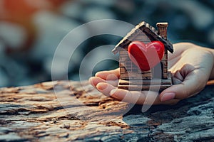 Home sweet home concept. Dream housing. Real estate. Hands holding miniature house with a red heart outdoors on a sunny summer day