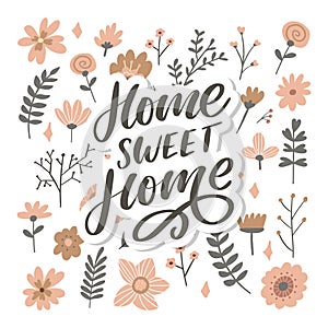 `home sweet home` hand lettering, quarantine pandemic letter text words calligraphy vector illustration slogan