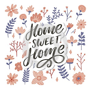 `home sweet home` hand lettering, quarantine pandemic letter text words calligraphy vector illustration slogan