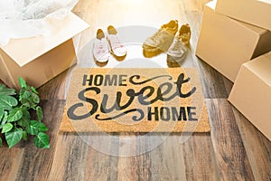 Home Sweet Home Welcome Mat, Moving Boxes, Female and Male Shoes