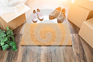 Home Sweet Home Welcome Mat, Moving Boxes, Women and Male Shoes