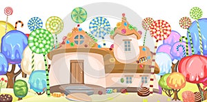 Home of the sweet inhabitants. Sweet caramel fairy house. Summer cute landscape. Illustration in cartoon style flat