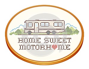 Home Sweet Motorhome, Cross Stitch Embroidery on Wood Hoop, Class A Model