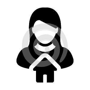 Home symbol icon vector with person profile avatar female user in a flat color glyph pictogram