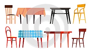 Home Table Chair Icon Set Vector. Wooden Dinner Furniture. Isolated Flat Cartoon Illustration