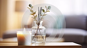 A Home Table Graced with a Reed Diffuser, Burning Candle, Eucalyptus Branches, and Perfume for a Hygge Experience