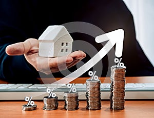 Home tax concept, residential or real estate property annual taxation, profit from sales concept. Rising arrow and percentage icon