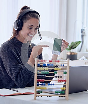 Home, teacher and woman with video call, explain and education with elearning, knowledge and connection. Person in house