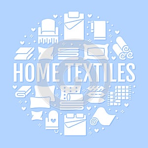 Home textiles circle template with flat glyph icons. Bedding, bedroom linen, pillows, sheets set, blanket and duvet