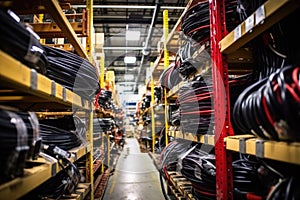 home theater audio cables crisscrossing on the factory floor