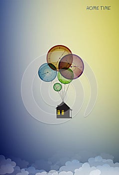 Home time concept, house hanging on the colored flying clocks in the sky, time dreaming,
