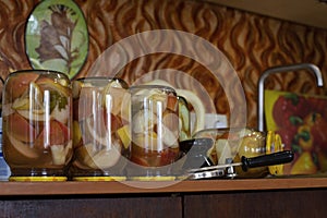 Home tinned apple in glass jars, Ukrainian homemade food