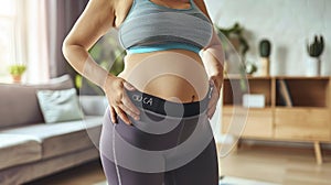 Home training concept - Cropped close up portrait of a belly and waist of fat overweight woman wearing sportswear standing at home