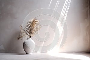 home tree interior shadows concrete wall design modern palm vase sunlight decor. Generative AI.