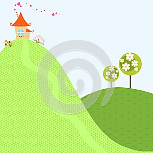 Home Tree Spring Background Sky House Hill Garden Flower Lovely Village Country Vector Illustration